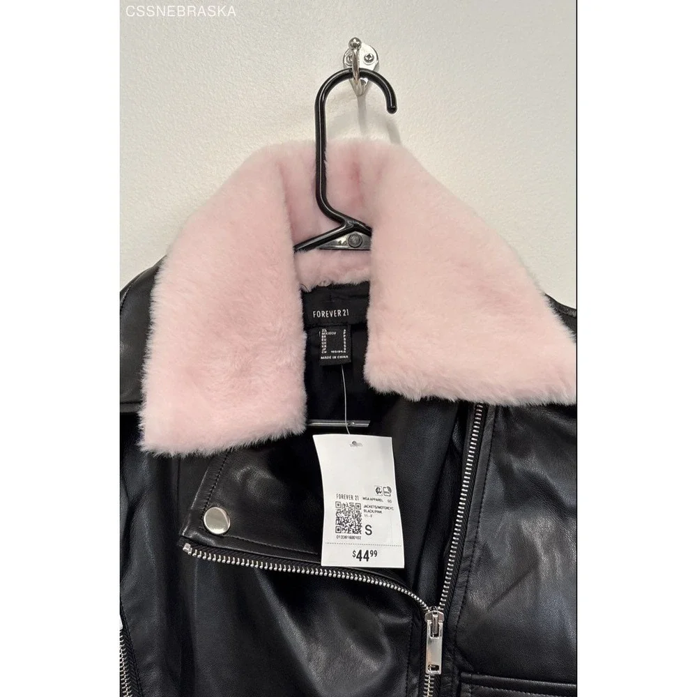 Forever 21 Pink/Black Women's Faux Fur-Trim Cropped Moto Jacket‎ - Size S